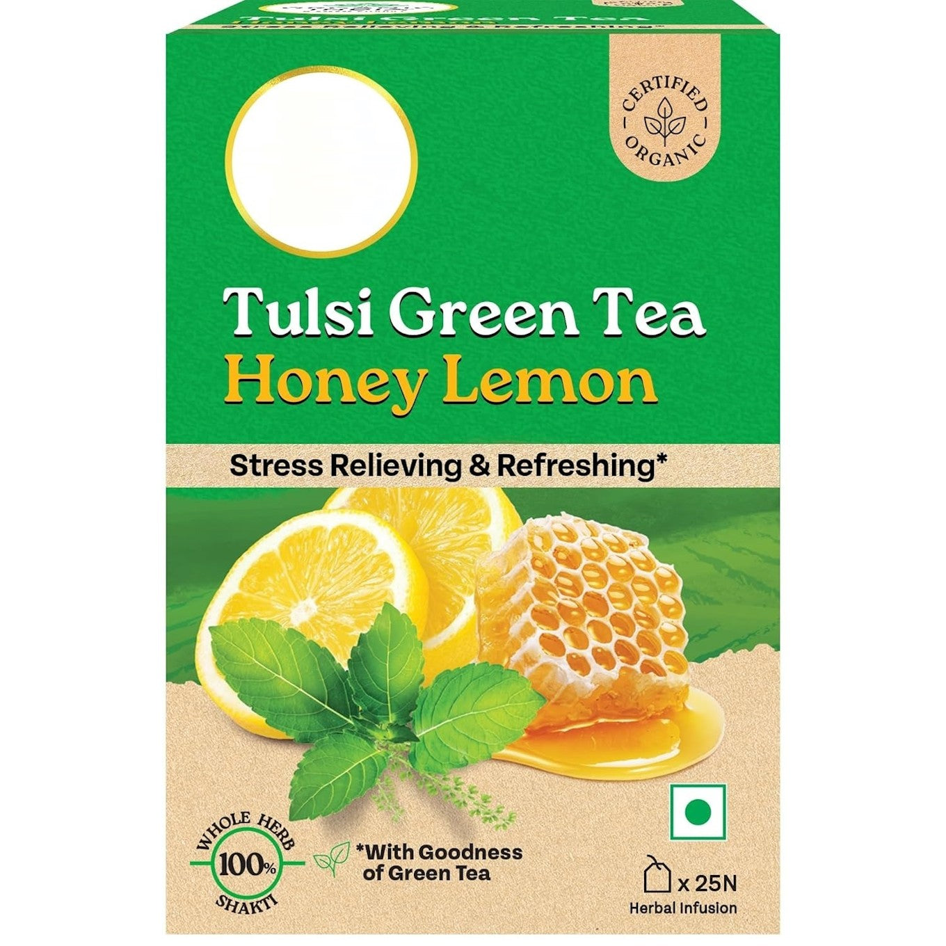 Pack of Tulsi Green Tea Honey Lemon bags by Pear Vanilla, featuring tea bags with herbal green tea, honey, and lemon flavor.