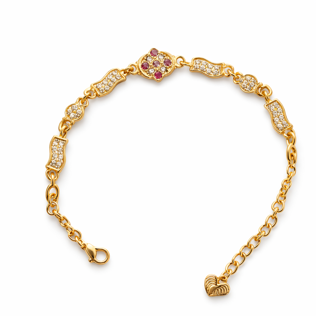 Elegant gold bracelet by Gold Simba featuring a ruby floral centerpiece and sparkling crystal accents.