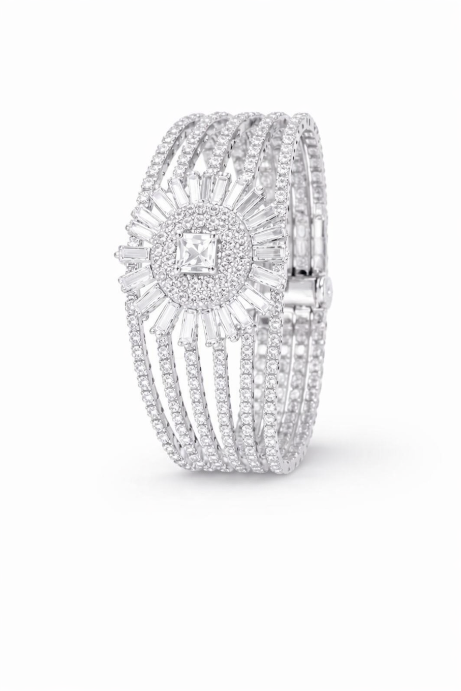 Elegant multi-layered crystal statement bracelet for women by Jade Iphigenia, featuring sparkling crystal accents and intricate design.