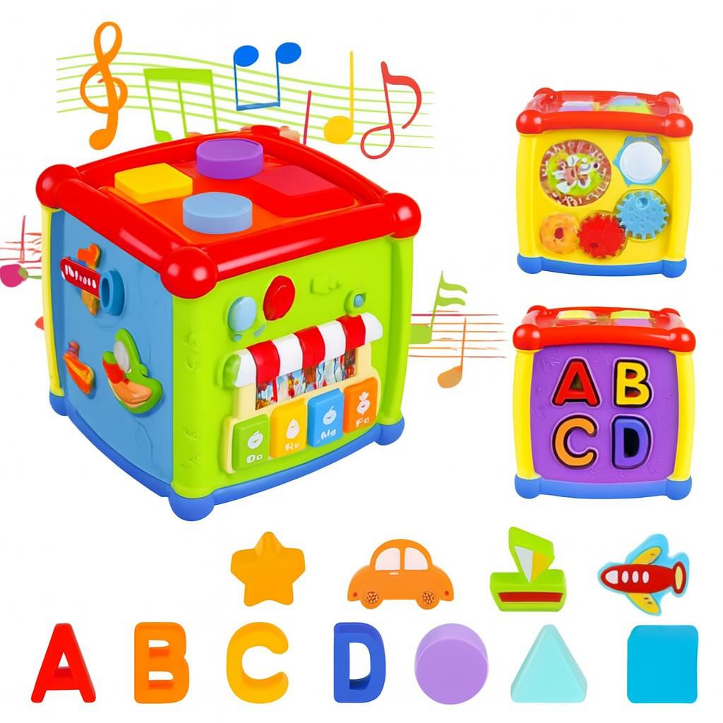 Chocolate Felix educational activity cube for toddlers featuring shape sorter and alphabet toys, colorful and engaging.
