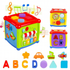 Chocolate Felix educational activity cube for toddlers featuring shape sorter and alphabet toys, colorful and engaging.