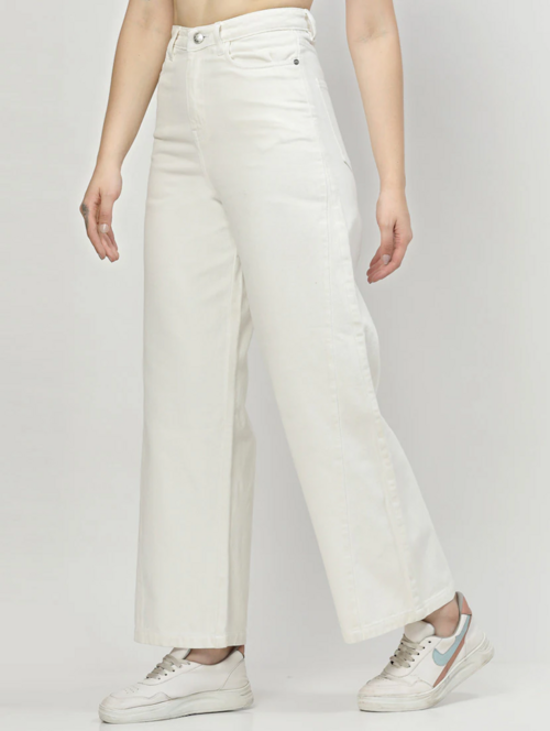 Women’s high rise white denim jeans by Ochre Ourea, showing front view with fit and stitching details.
