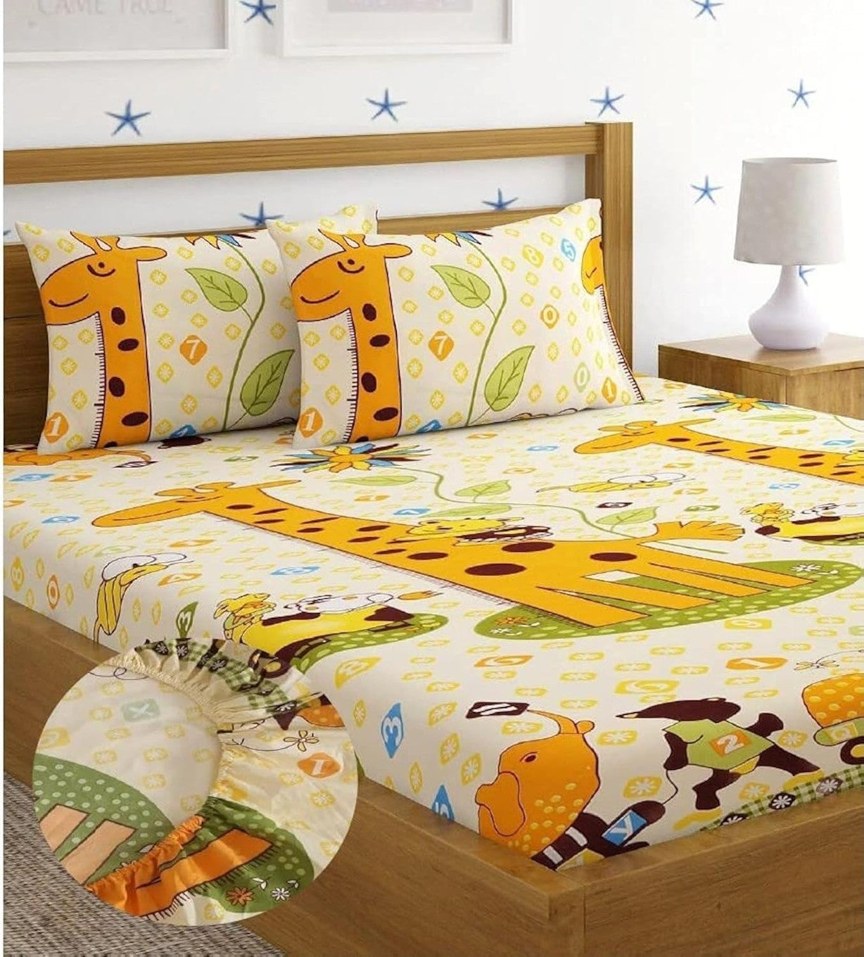 Yellow fitted bedsheet for kids featuring giraffe print from Lilac Hercules, perfect for children&