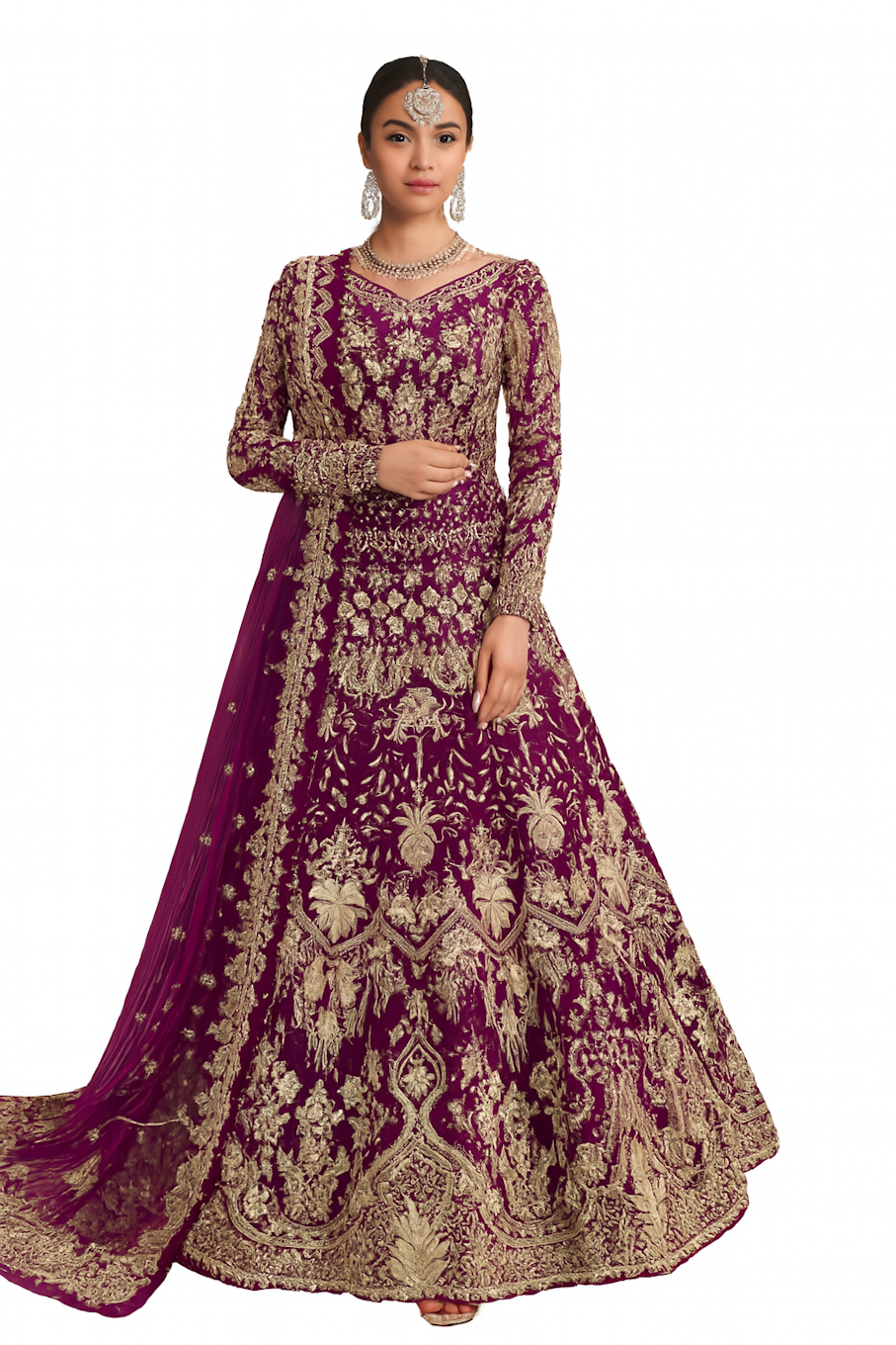Embroidered Grey Diomedes designer gown for women in wine color, size large, featuring intricate embroidery and elegant design.