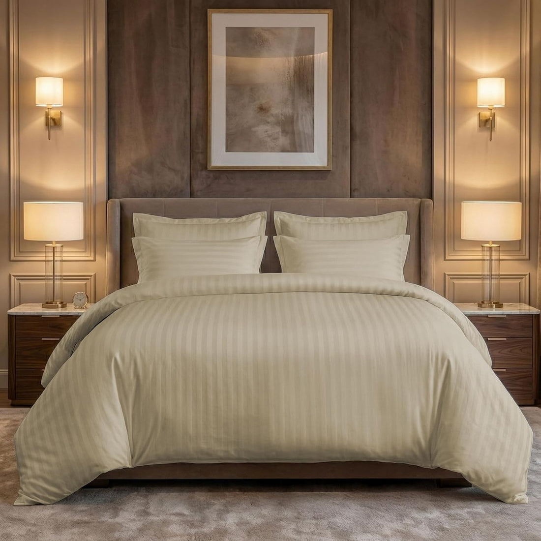 Violet Achilles 300TC cotton striped fitted king bedsheet with elastic edges, soft and durable for comfortable night’s sleep.