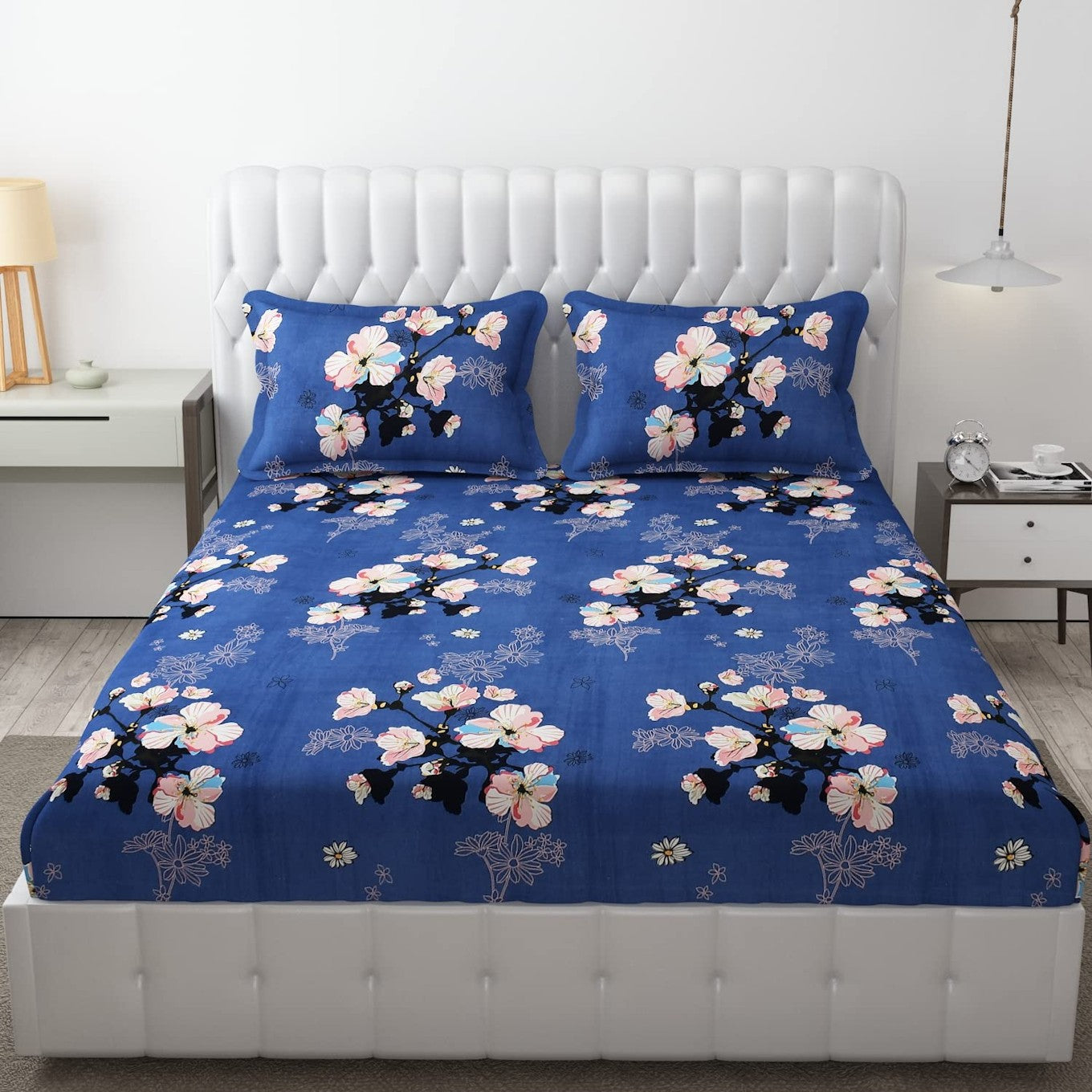 Denim blue Rotary Print King Bedsheet by Lilac Hercules with a rotary pattern, made for home and garden bedroom decor.
