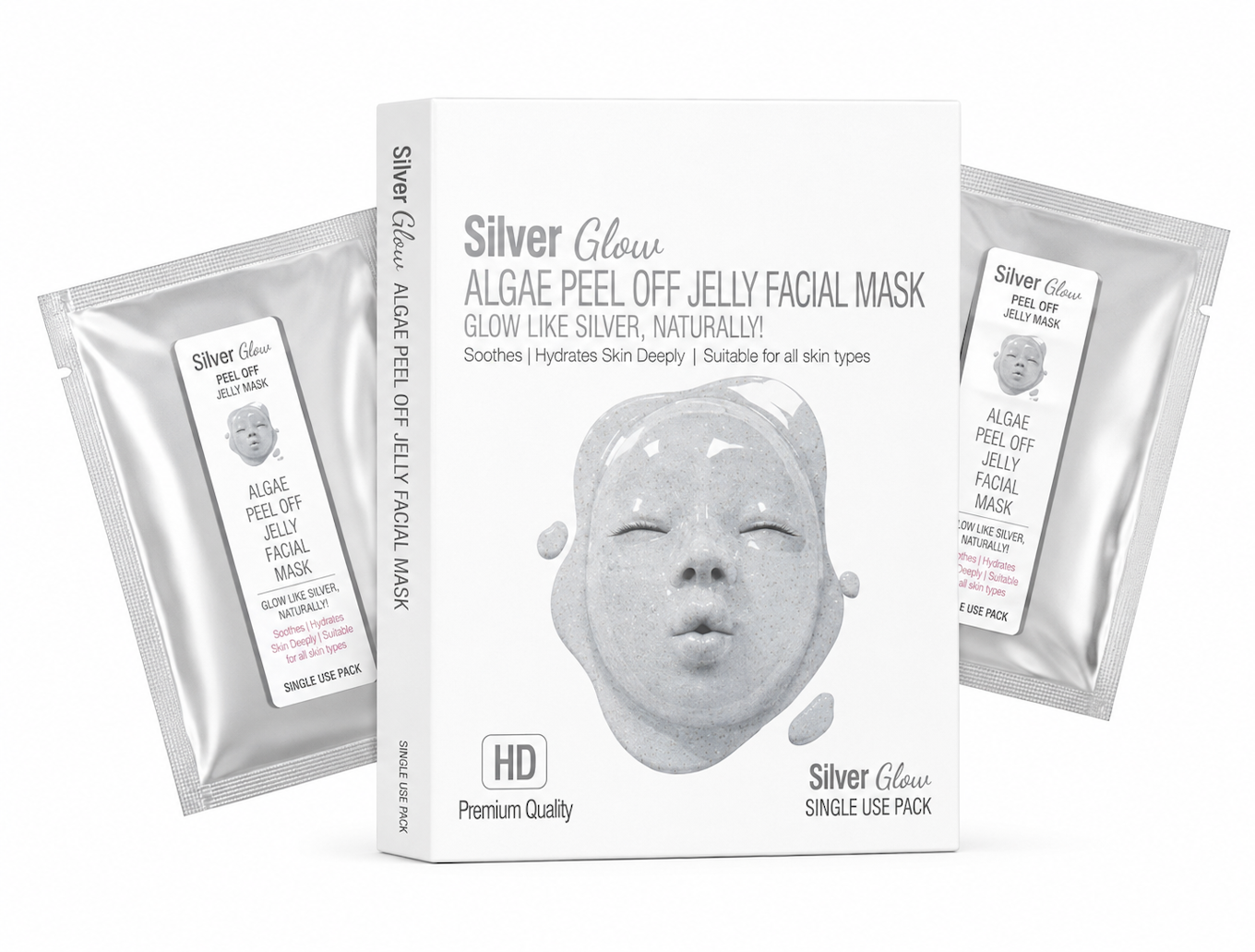 Silver Glow Jelly Facial Mask from Coral Alder, shown in a clear jar with a shimmering silver gel texture.