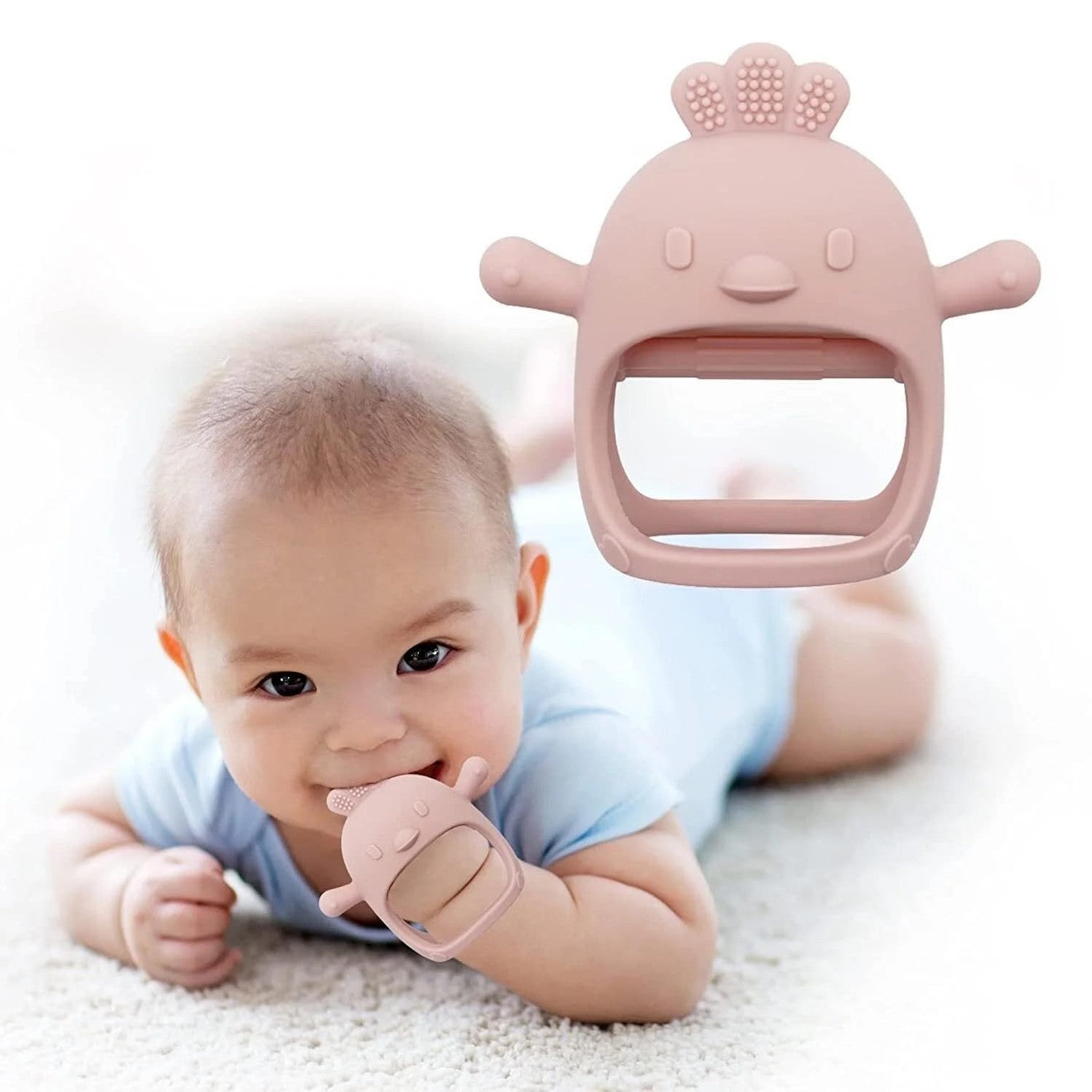 Soft silicone baby teether mitten by Sapphire Nemesis, BPA-free, designed for infants to soothe gums during teething.