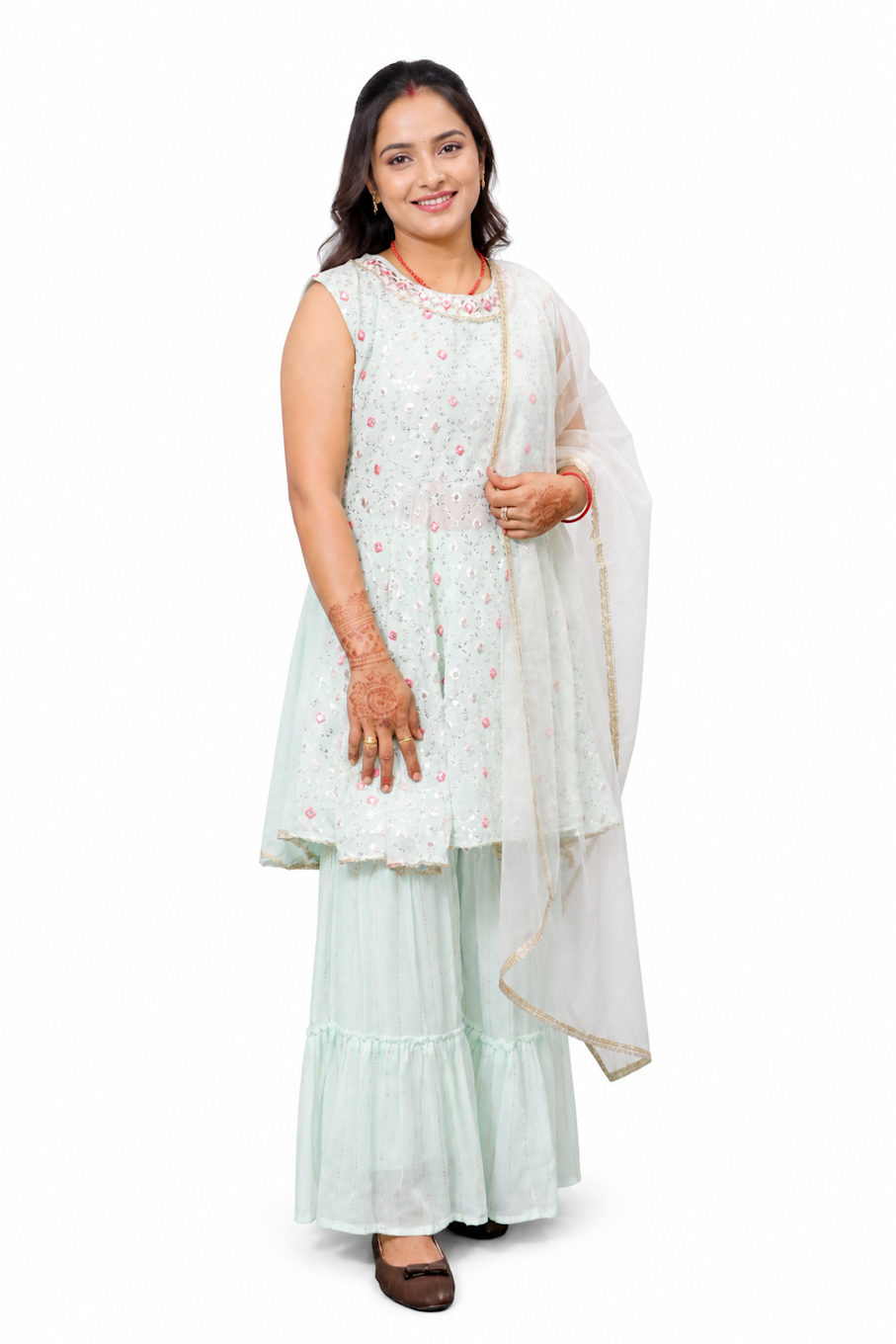 Sea green embroidered kurta and sharara set for women by Salmon Pandion, featuring intricate embroidery and traditional style.