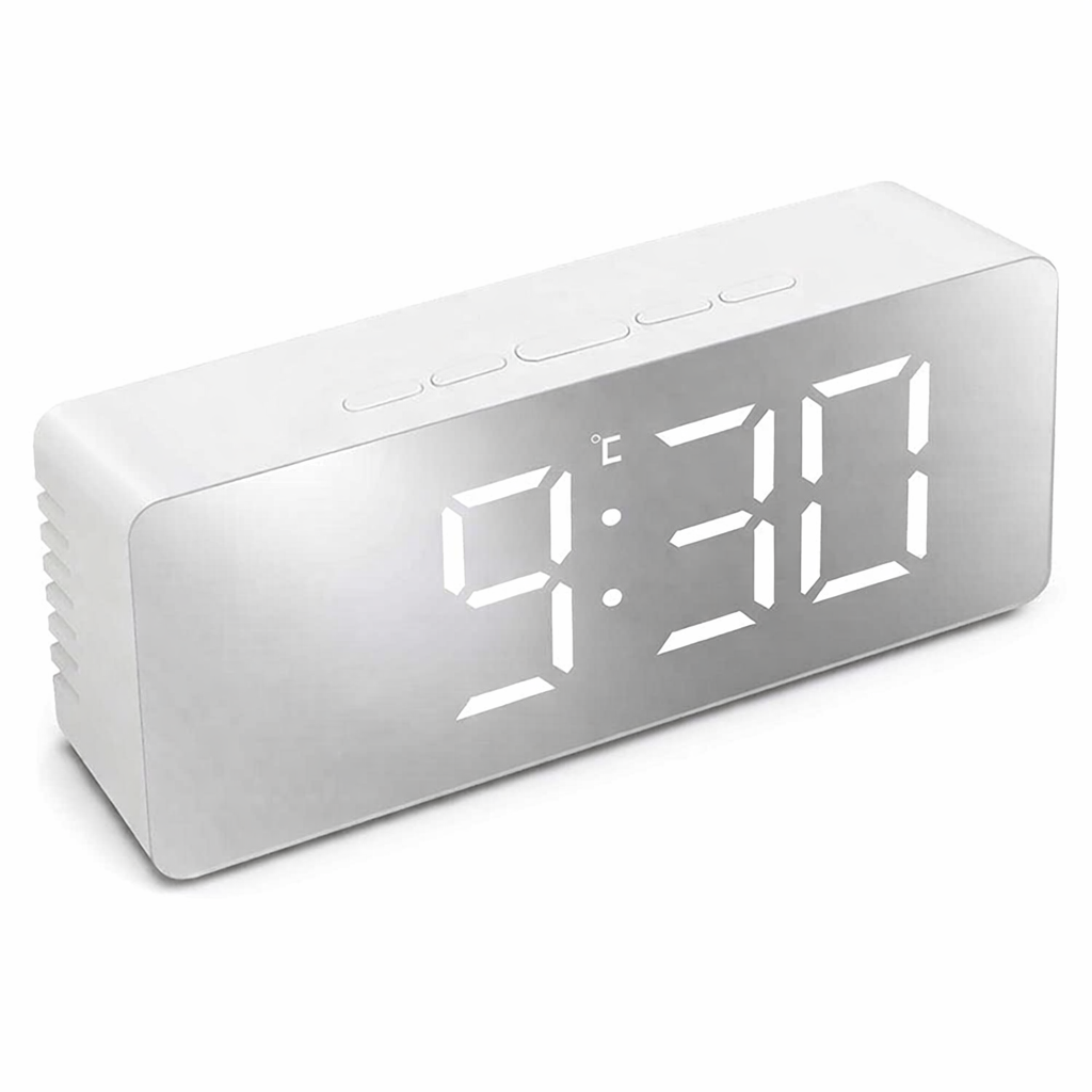 Amethyst Ophion LED digital alarm clock displaying time and temperature on a home bedside table.