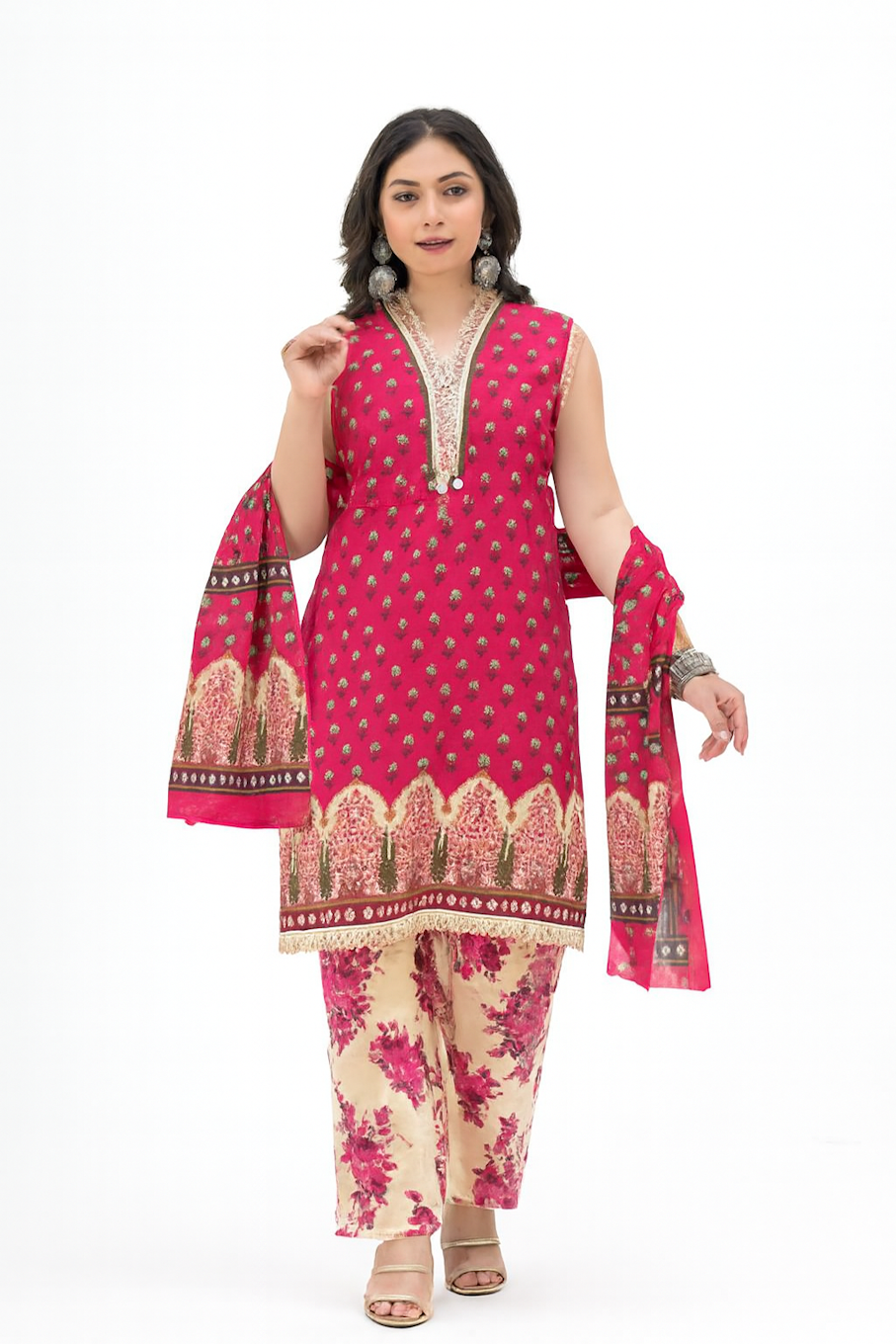 Elegant pink embroidered kurta pant dupatta set for women by Amaranth Almond, showcasing intricate embroidery and traditional style.