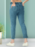 Women’s dark blue high rise cotton denim jeans from Ochre Ourea, shown in size 34 with a fitted waist and classic five-pocket design.