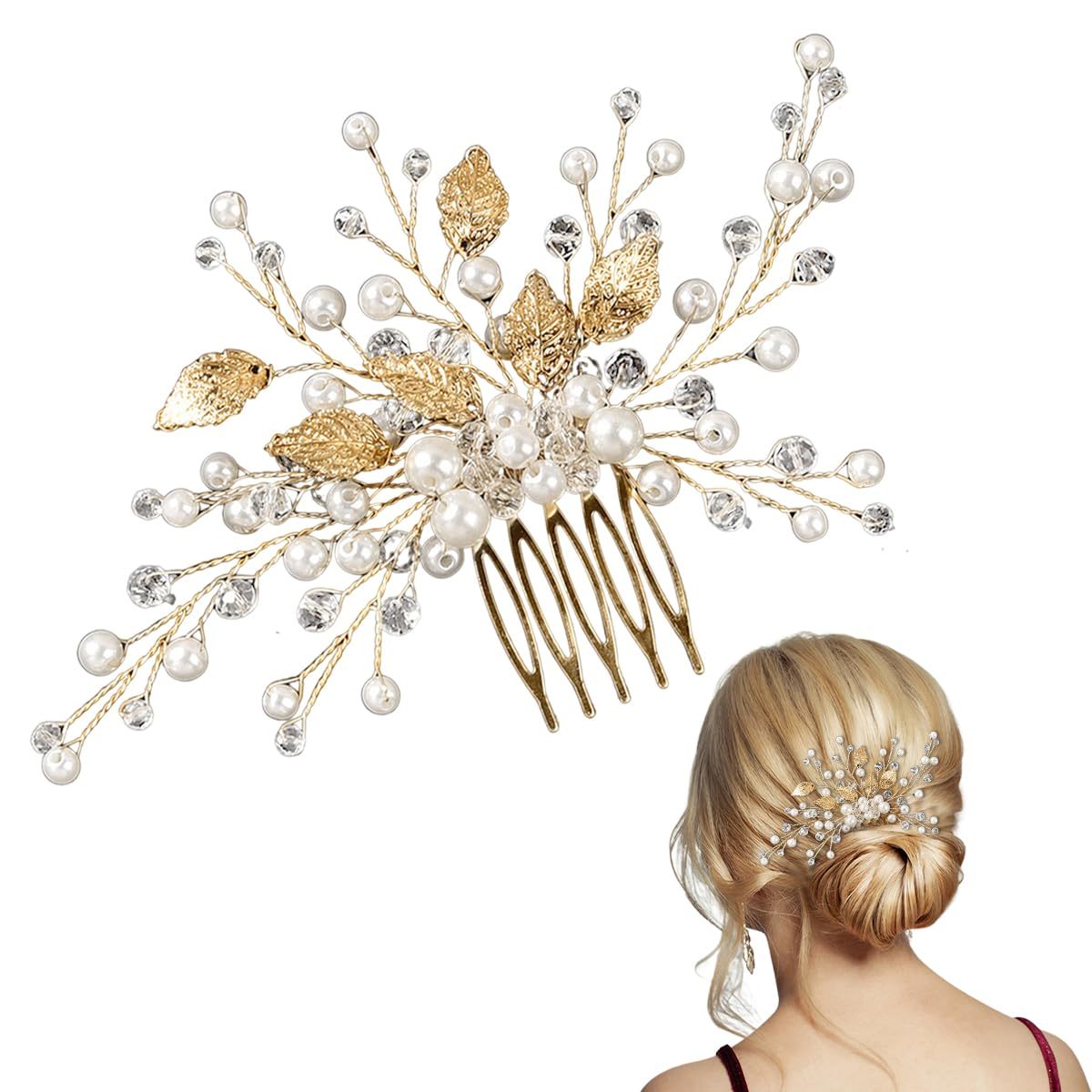 Gold leaf bridal pearl hair comb from Beige Eros, featuring elegant pearls and intricate gold detailing for wedding accessories.
