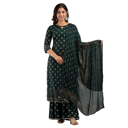 Green rayon kurta with gold prints, paired with matching sharara and dupatta from Olive Huckleberry women&
