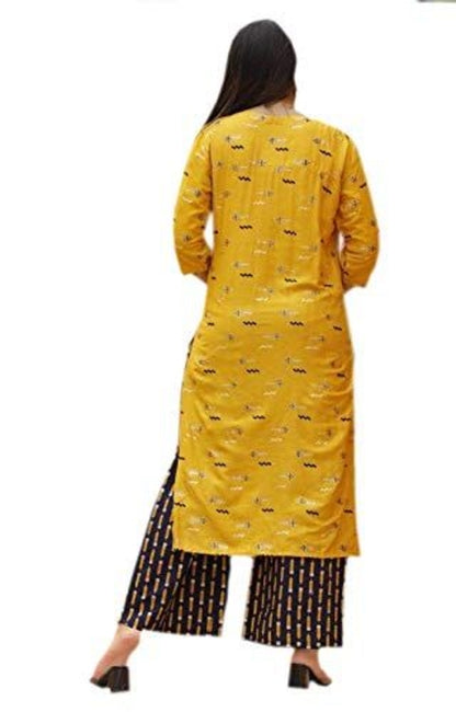 Yellow rayon printed kurta for women by Olive Huckleberry, size S, featuring floral patterns and comfortable fit.