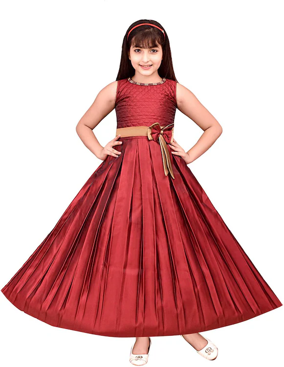 Girls full-length party dress by Burgundy Nesoi with pleats and bow design, size 8-9 years, perfect for special occasions.