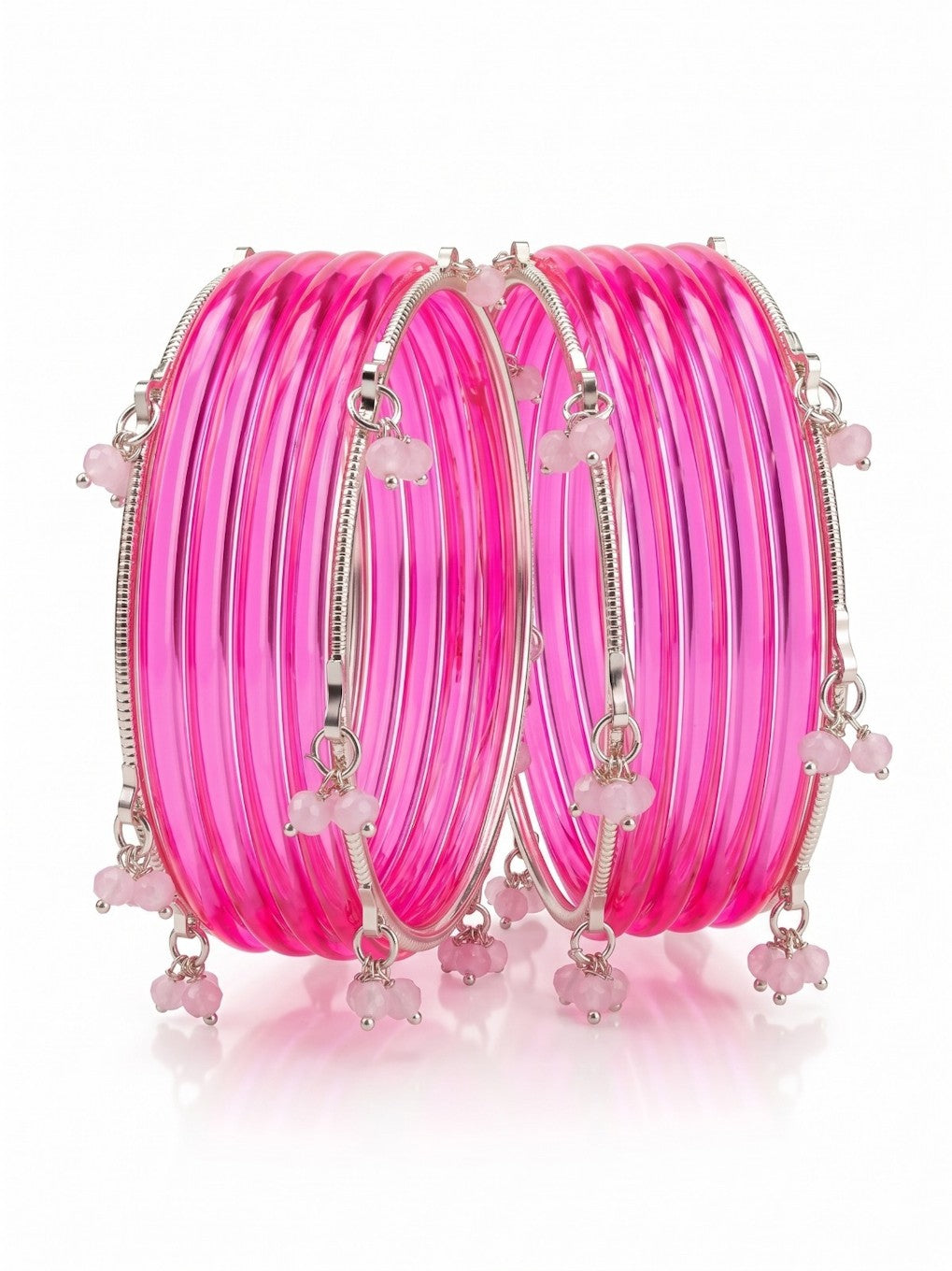 Magenta Trillium designer bridal bangle set with bead charms, featuring elegant jewelry and watch-style bracelets for special occasions.