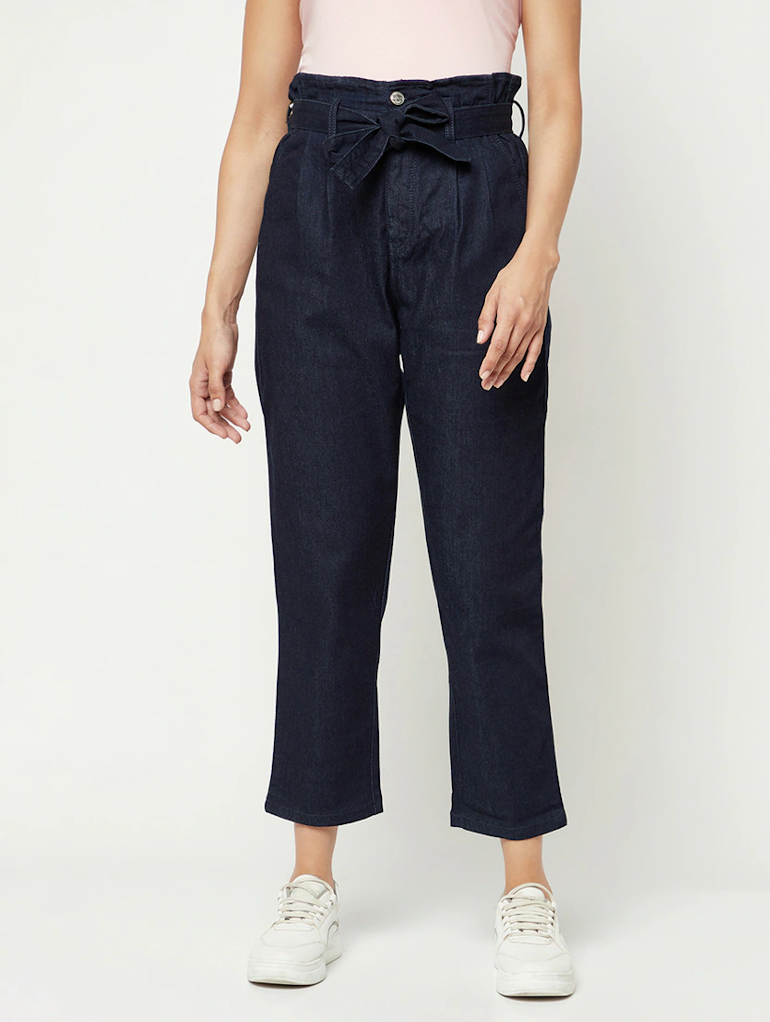 Women’s high rise denim jeans by Ochre Ourea in navy blue, showcasing fit and classic style with front and back views.