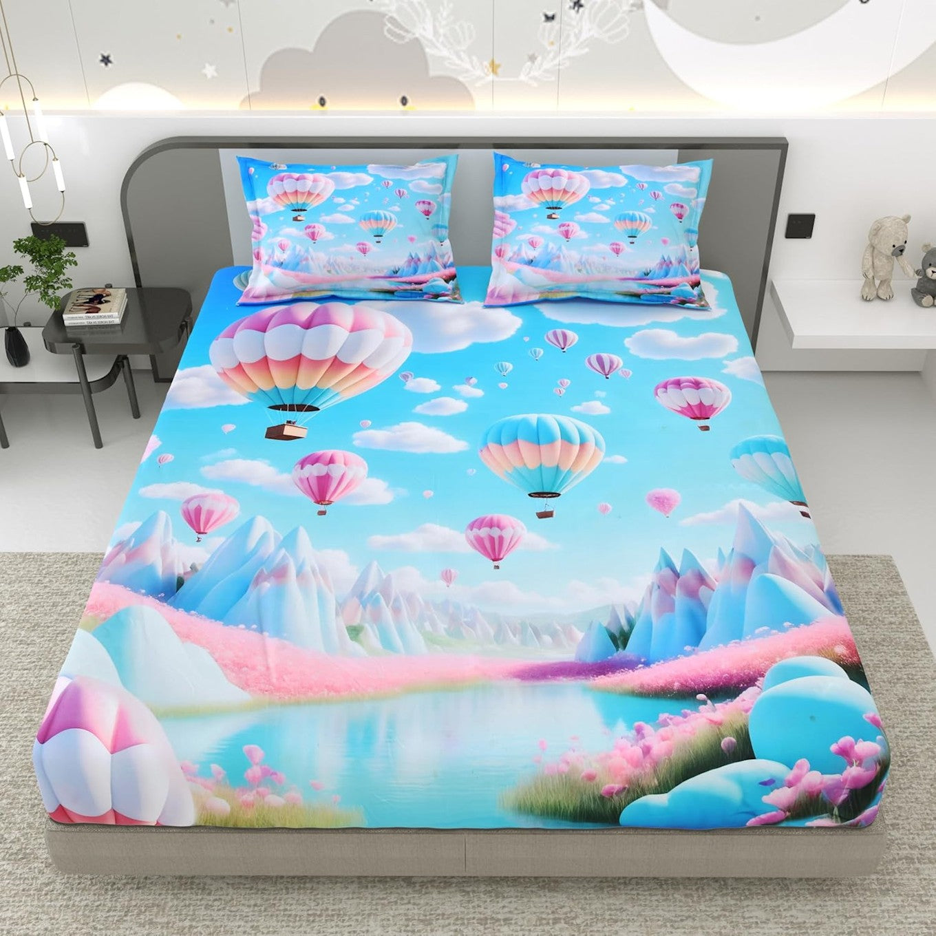 Colorful 7D kids printed fitted bedsheet set by Violet Achilles, featuring playful patterns ideal for children&