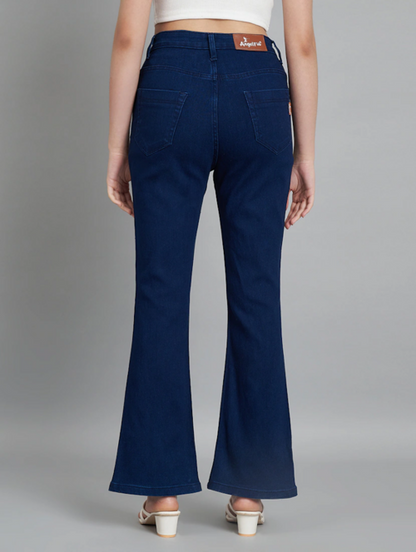 Women’s high-rise navy blue denim jeans by Ochre Ourea, size 28, showing the fit and classic five-pocket design.