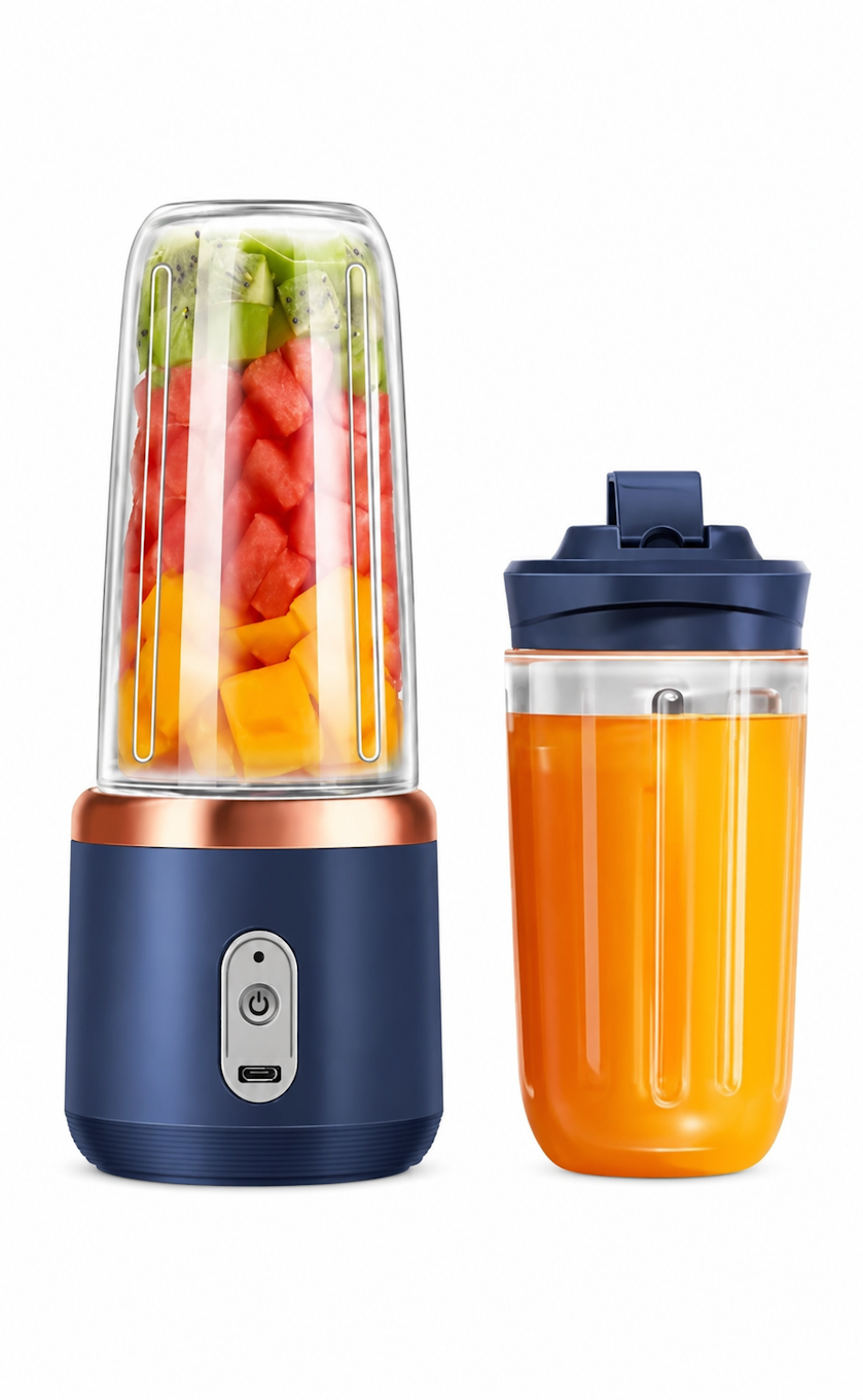 Amethyst Ophion portable USB smoothie blender bottle with clear container and black lid, ideal for on-the-go smoothies.
