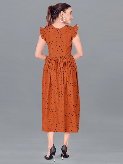 Brown printed A-line dress for women by Bronze Molly, size L, featuring a stylish design and comfortable fit.