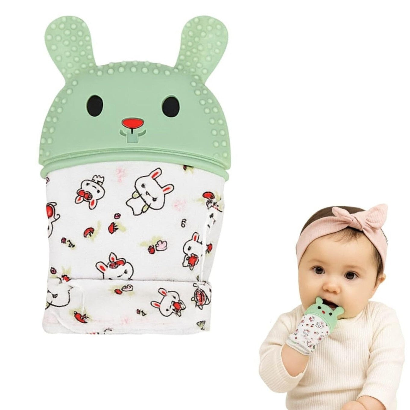 Baby teething mitten silicone glove from Coffee Eos, soft and flexible for soothing gums, with textured surface for teething relief.