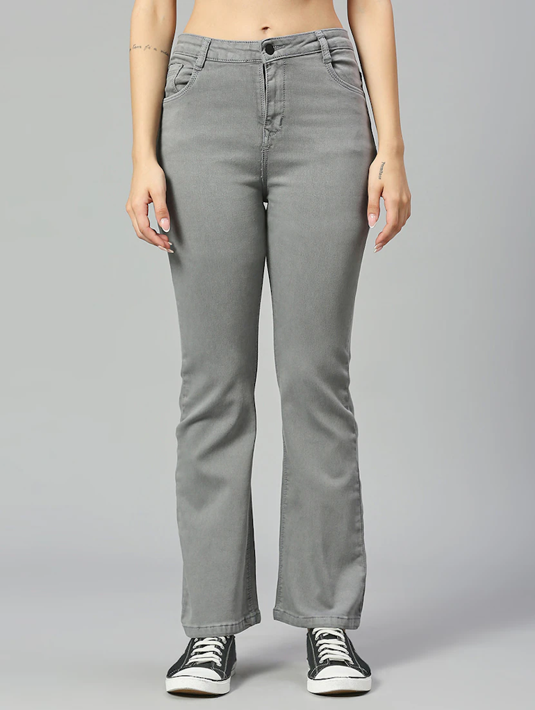 Women’s high rise gray denim jeans by Ochre Ourea, size 28, displayed flat with front pockets and belt loops.