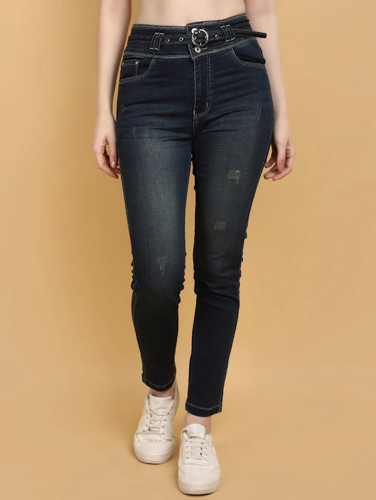 Women’s high rise navy blue denim jeans by Ochre Ourea, size 32, displayed flat with front and back views.