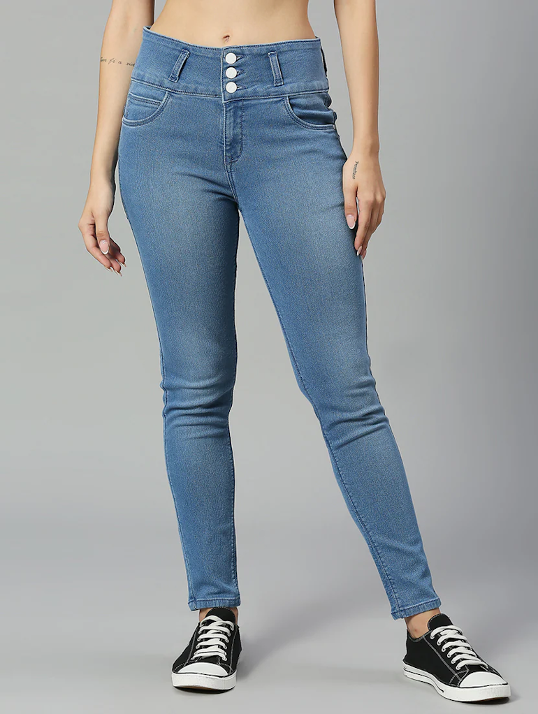 Women’s high rise denim jeans in blue by Ochre Ourea, shown in size 32, featuring a classic fit and stylish denim fabric.