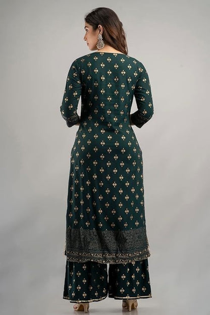 Green rayon kurta with gold printed straight design, paired with matching sharara and dupatta, from Olive Huckleberry women&