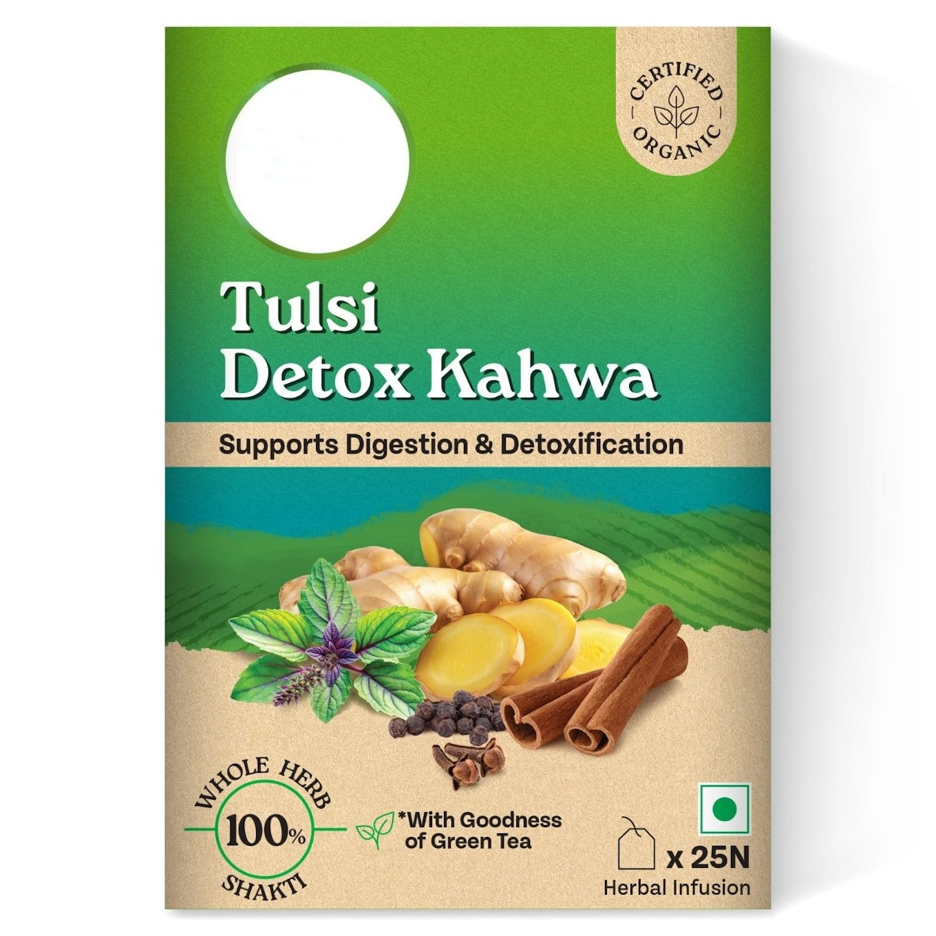 Pear Vanilla Tulsi Detox Kahwa Tea in 25 bags, featuring herbal tea leaves and traditional packaging for home and garden use.