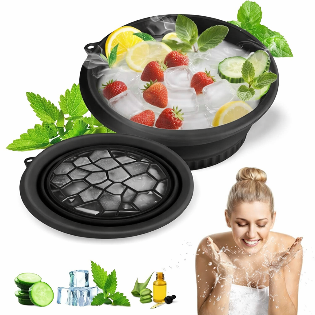 Silicone ice facial bowl for cold therapy by Amethyst Ophion, with a clear silicone design and a rounded shape for easy use.