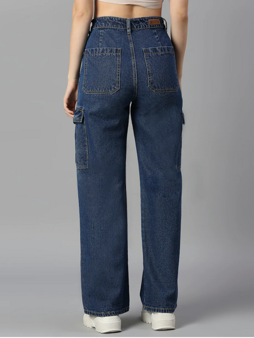 Women’s high rise blue denim jeans by Ochre Ourea, size 28, showing fit and classic five-pocket design.