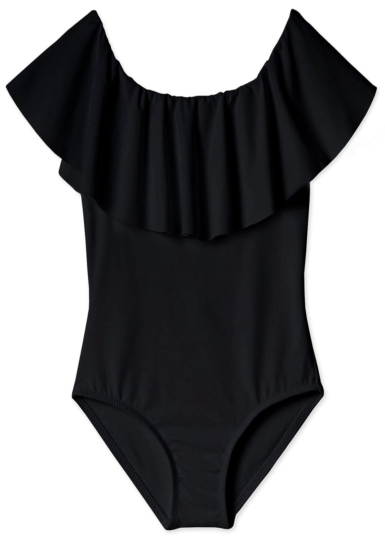 Black draped swimsuit for girls by Ivory Trillium, featuring a stylish design and comfortable fit for kids&