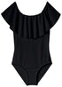 Black draped swimsuit for girls by Ivory Trillium, featuring a stylish design and comfortable fit for kids&