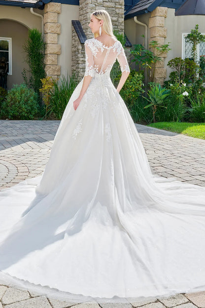 Wedding dresses/ivory cream embroidered glitter mesh v neck wedding gown with one half sleeve GL1803 GLGL1803