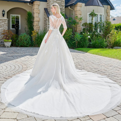 Wedding dresses/ivory cream embroidered glitter mesh v neck wedding gown with one half sleeve GL1803 GLGL1803