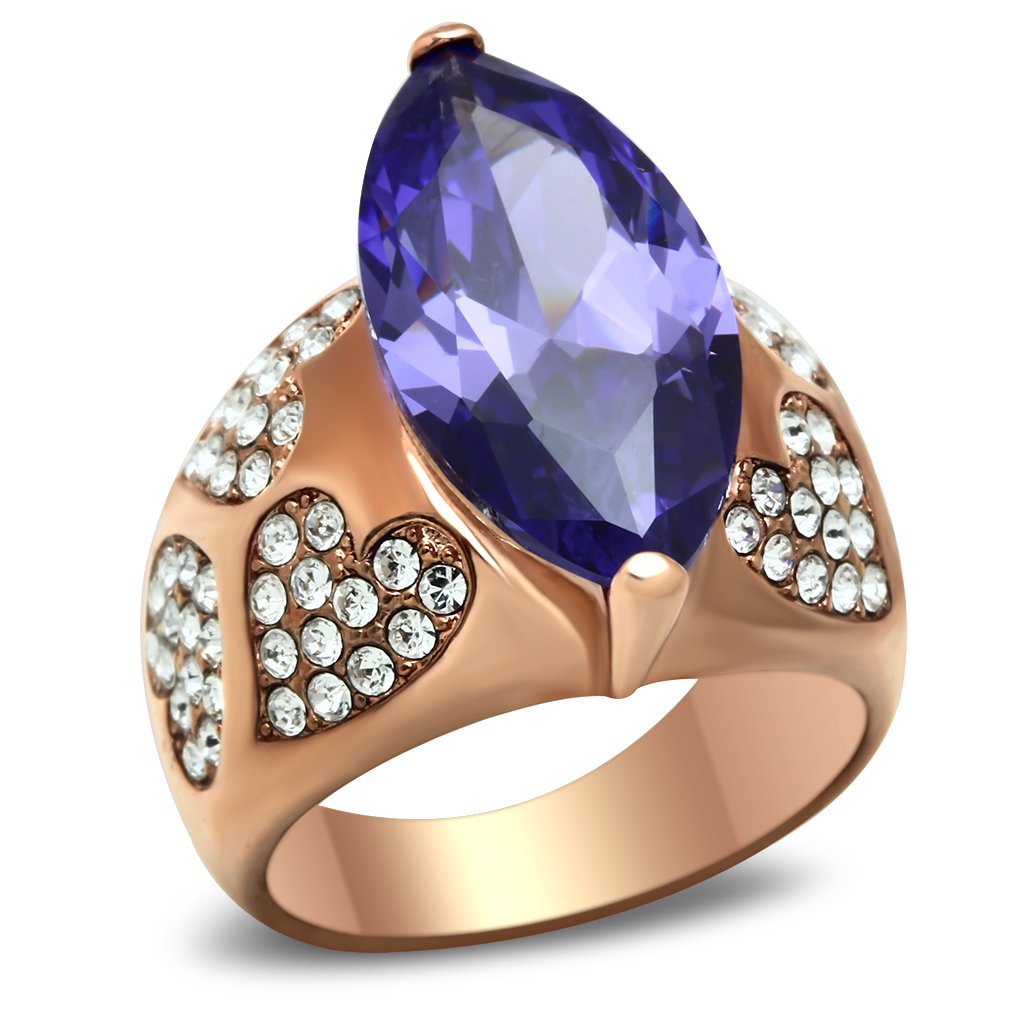 Turquoise Tiger GL241 rose gold brass ring with AAA grade cubic zirconia, showcasing a stylish jewelry design.
