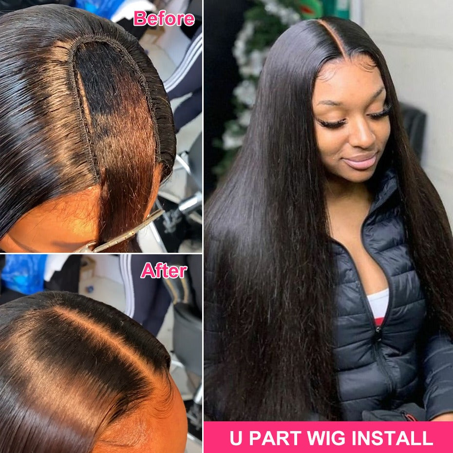Cerise Alfie straight Brazilian U part wig made of Remy human hair, designed for black women, featuring a natural, glueless style.