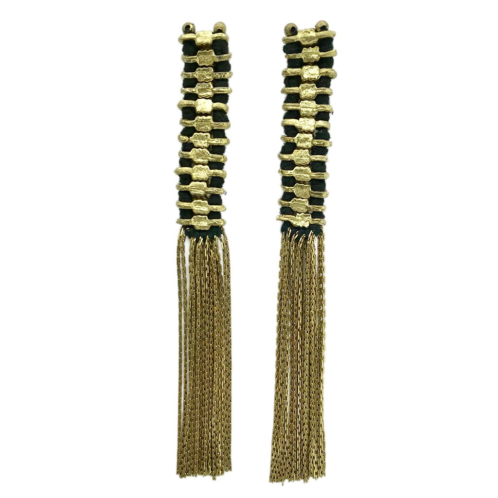 Gold tassel statement earrings by Ariel featuring elegant tassel design and intricate detailing.