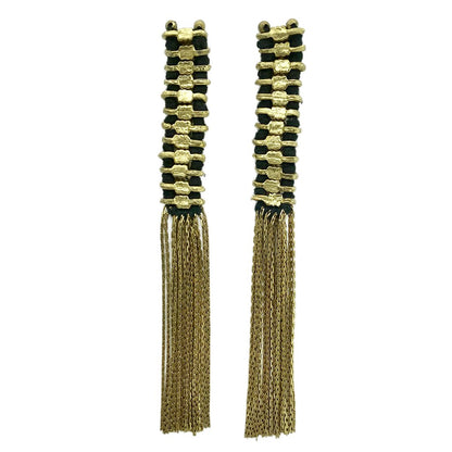 Gold tassel statement earrings by Ariel featuring elegant tassel design and intricate detailing.