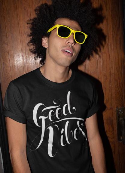 Black Good Vibes Type T-shirt by Scorpius featuring colorful printed design on front, casual short-sleeve style.