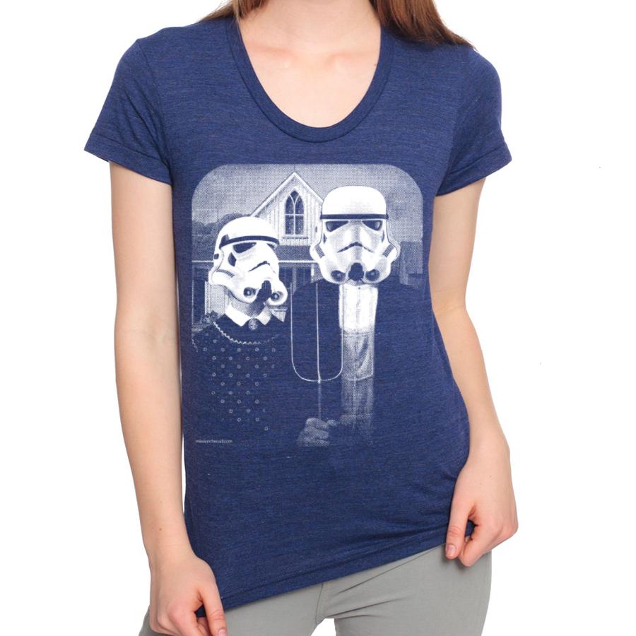 Star Wars American Gothic T-shirt by Indigo Tiger featuring gothic-style artwork of iconic characters on black fabric.
