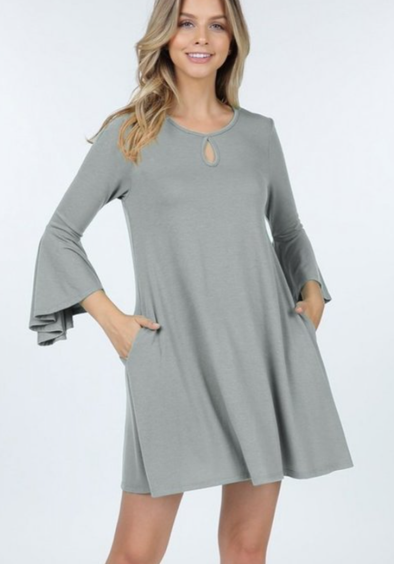 Light gray ruffle sleeve dress with keyhole neckline and pockets, by Ochre Ismene, featuring a stylish and comfortable women&