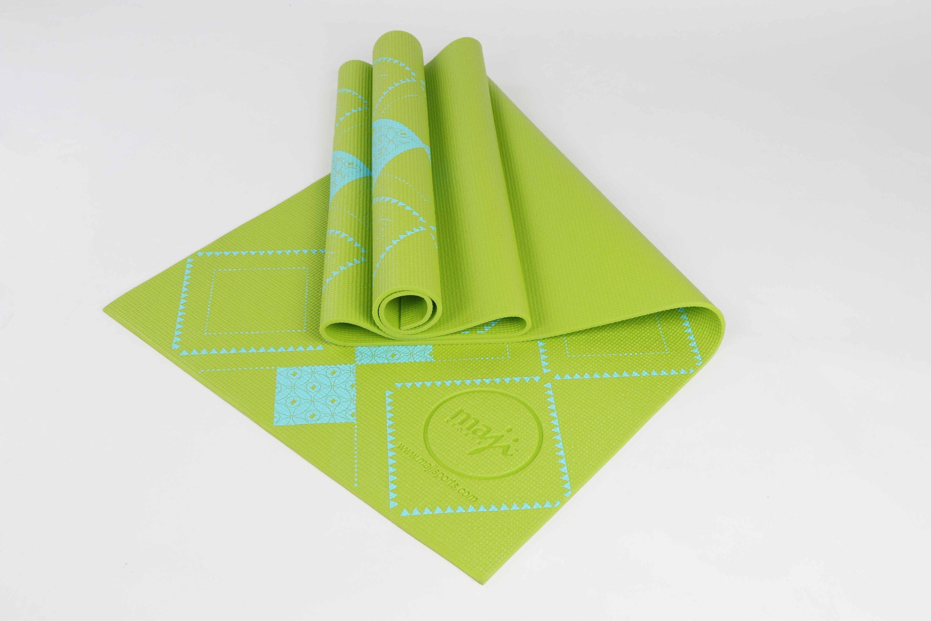 Green printed PVC premium yoga mat from Azure Jason, showing textured surface and colorful geometric patterns for outdoor exercise.