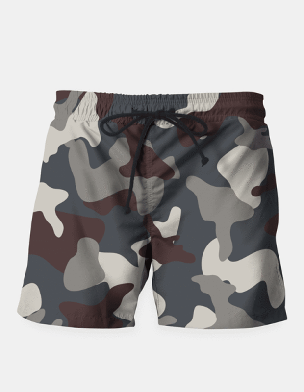 Grey blue army camouflage pattern shorts by Sky Felix, featuring a casual fit and military-inspired design.