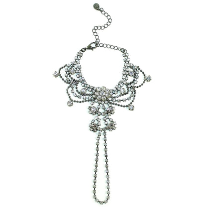 Gunmetal draping crystals handpiece bracelet by Cyan Ismene featuring elegant crystal embellishments and intricate design.