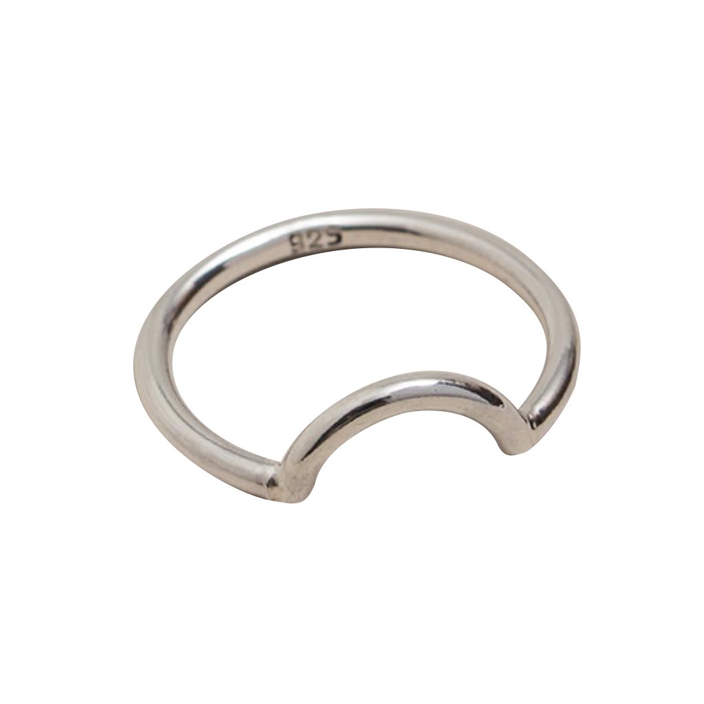 Ariel silver half moon ring featuring a sleek, polished crescent design perfect for everyday wear.
