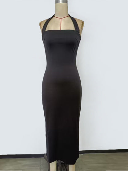 Taupe Gaia stylish halter neck bodycon midi dress for women, showcasing a fitted design with elegant neckline and midi length.